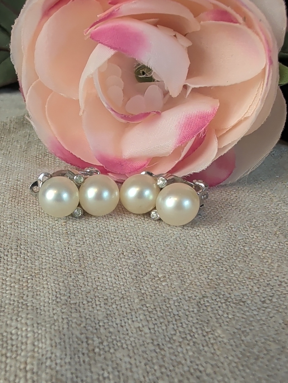 Vintage Panetta Double Faux Pearl Rhinestone Clip-On Earrings Signed